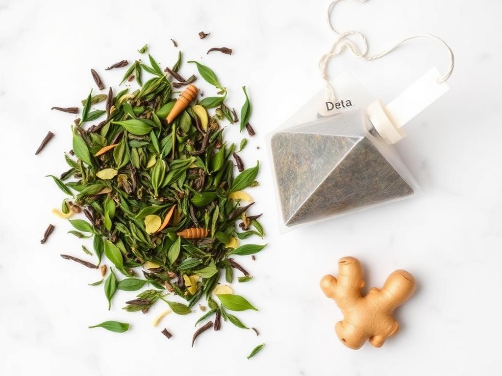 Loose herbal detox tea leaves and a pyramid tea bag